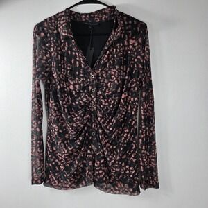 JANE + DELANEY Women's Black Pink Leopard Print Mesh Ruched Top Med‎